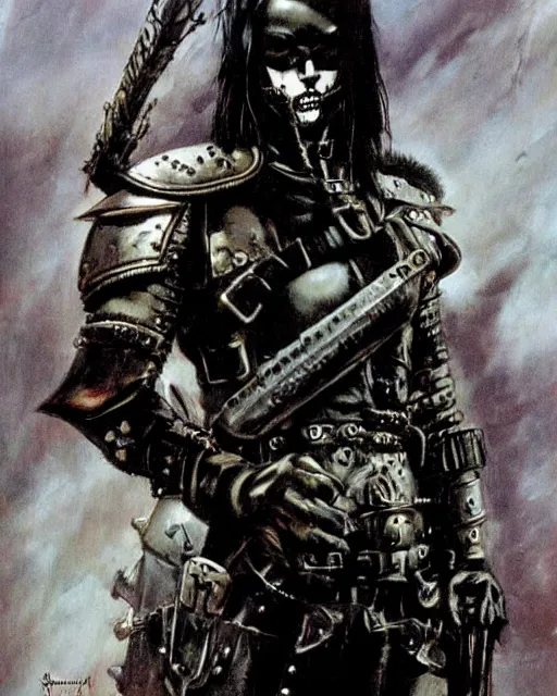 Image similar to portrait of a skinny punk goth soldier wearing armor by simon bisley, john blance, frank frazetta, fantasy, sorceror