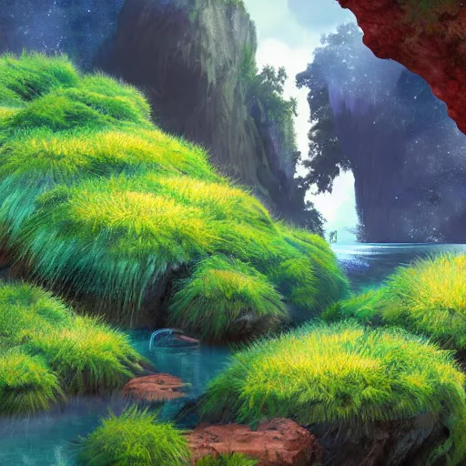 Image similar to digital painting of a lush natural scene on an alien planet by masatake shiyouji. digital render. detailed. beautiful landscape. colourful weird vegetation. cliffs and water.