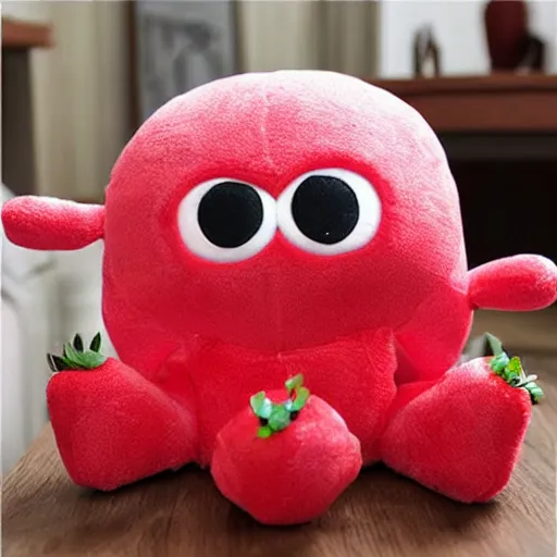 Image similar to adorable strawberry creature with multiple eyes plush toy