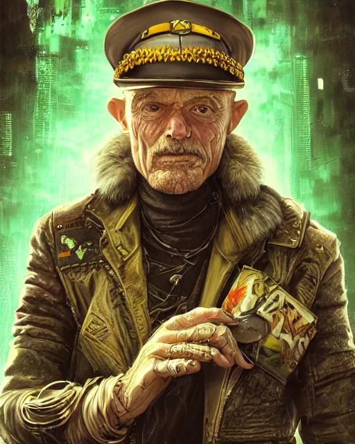 Image similar to an intimate portrait of a gnarly human cyberpunk captain, old skin, faded hat, charming, strong leader, green eyes, a look of cunning, detailed matte fantasy painting