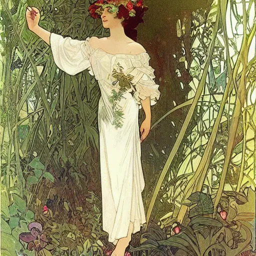 Image similar to elegant woman, white dress, dense jungle, trees, huge flowers, by alphonse mucha