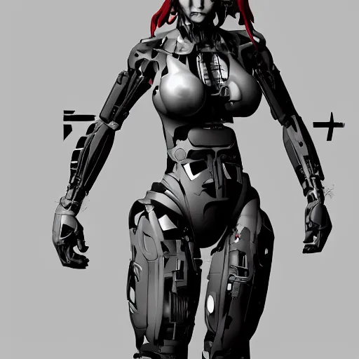 Image similar to yoji shinkawa render of redhead cyborg with curvy figure, glitches, concept art