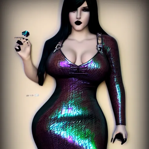 Prompt: curvy feminine hot goth cutie with elegant iridescent dark snakeskin leather dress, mosaic pattern, leather stockings, cgsociety, photorealistic, sublime ambience, idealistic, 16k, smooth, sharp focus, trending on ArtStation, volumetric lighting, fully clothed, worksafe