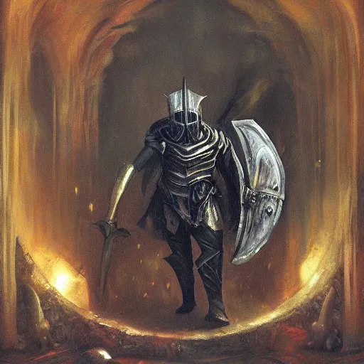 Image similar to arrogant knight casually pokes his sword into the abyssal portal, only to be met with unimaginable horrors from beyond, dark fantasy, oil painting, high detail