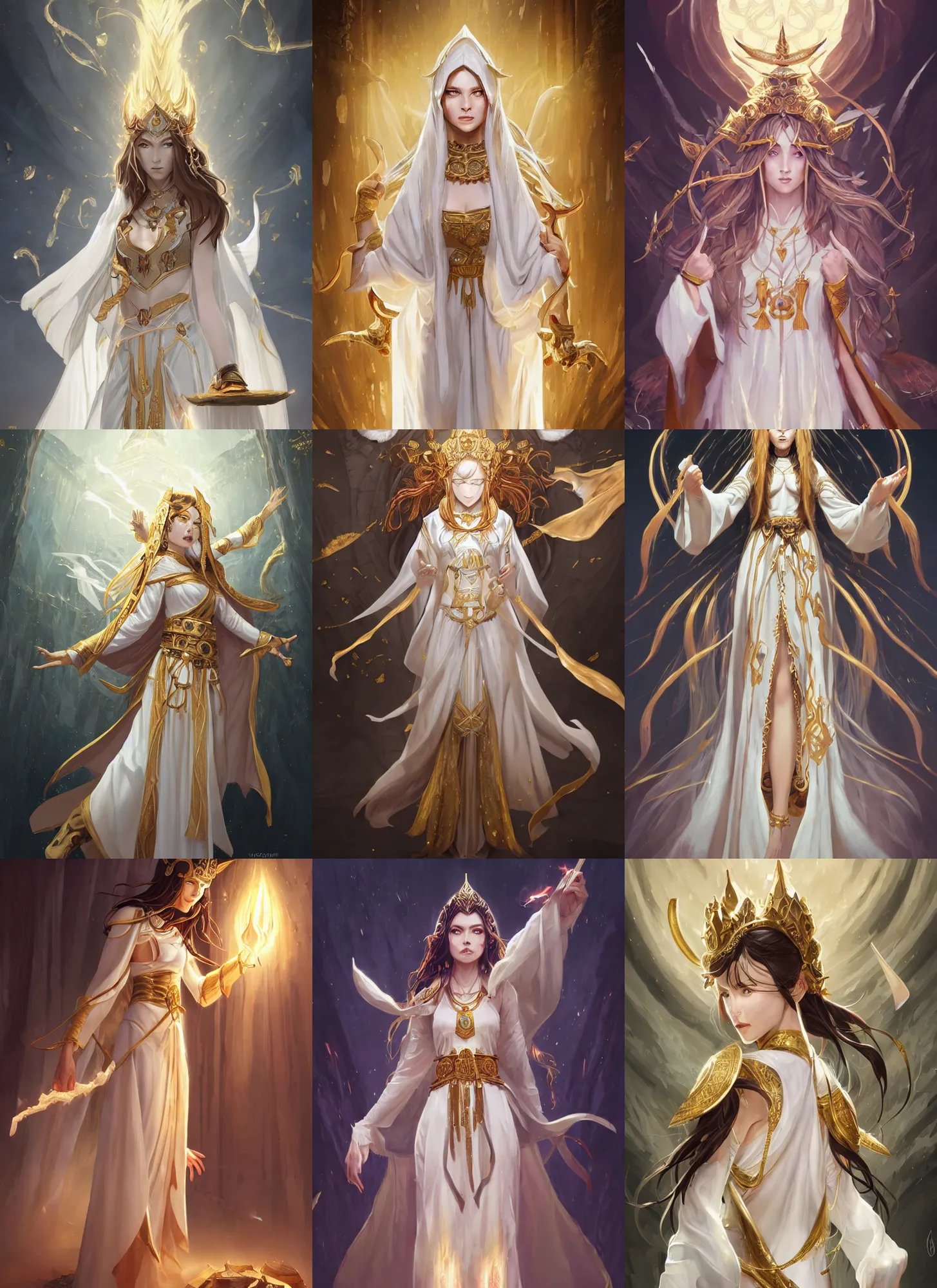 Prompt: picture of a priestess channelling a vengeful spirit onto herself, brunette, white robes, golden accessories, high fantasy, dnd, highly detailed, smooth, sharp focus, digital illustration, by rossdraws, frank franzzeta, sakimichan