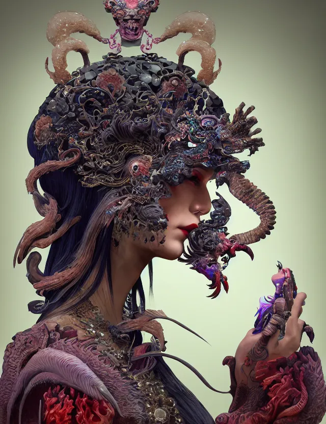 Image similar to 3 d goddess of hell close - up profile portrait with ram skull. beautiful intricately detailed japanese crow kitsune mask and clasical japanese kimono. betta fish, jellyfish phoenix, bio luminescent, plasma, ice, water, wind, creature, artwork by tooth wu and wlop and beeple and greg rutkowski