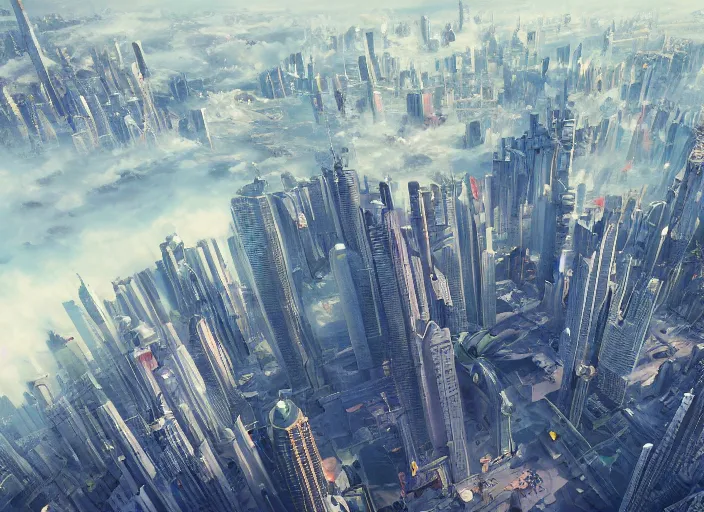 Image similar to painting of a tall city from above the clouds, intricate abstract. delicate artwork. by Tooth Wu, wlop, beeple, dan mumford. octane render, trending on artstation, greg rutkowski very coherent symmetrical artwork. cinematic, hyper realism, high detail, octane render, 8k, depth of field, bokeh. chrome accents.
