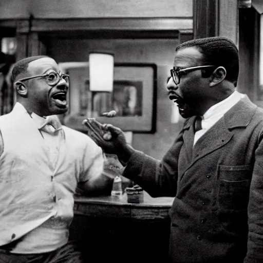 Image similar to cinematic shot of teddy roosevelt and urkel in the bar, yelling at each other