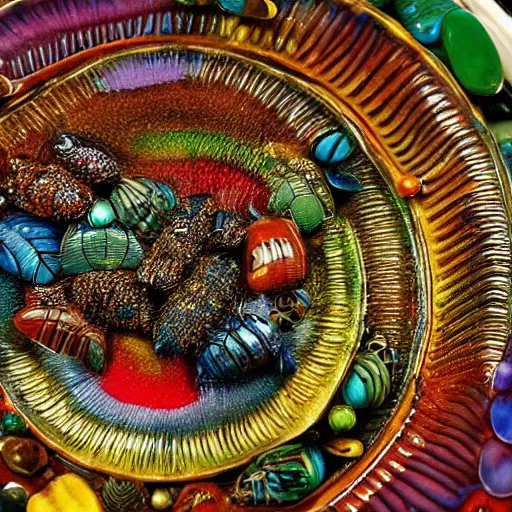 Prompt: a close up of a plate on a table, a macro photograph by john armleder, pinterest contest winner, cloisonnism, mixed media, made of insects, academic art