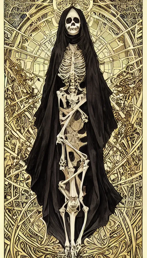 Image similar to a skeleton in a black cloak, highly detailed, very intricate, art nouveau, gold filigree, left right symmetry, tarot concept art watercolor illustration by mandy jurgens and alphonse mucha and alena aenami, featured on artstation