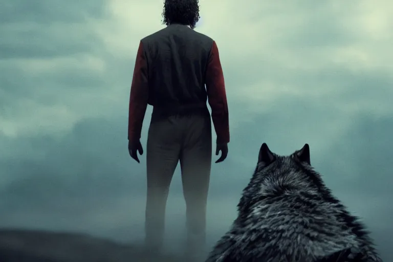 Prompt: the back of a man, facing a angry wolf, stand - off, muted colors, 8 k, depth of field, cinematic, hyperrealistic, movie still frame, promotional image, imax 7 0 mm footage