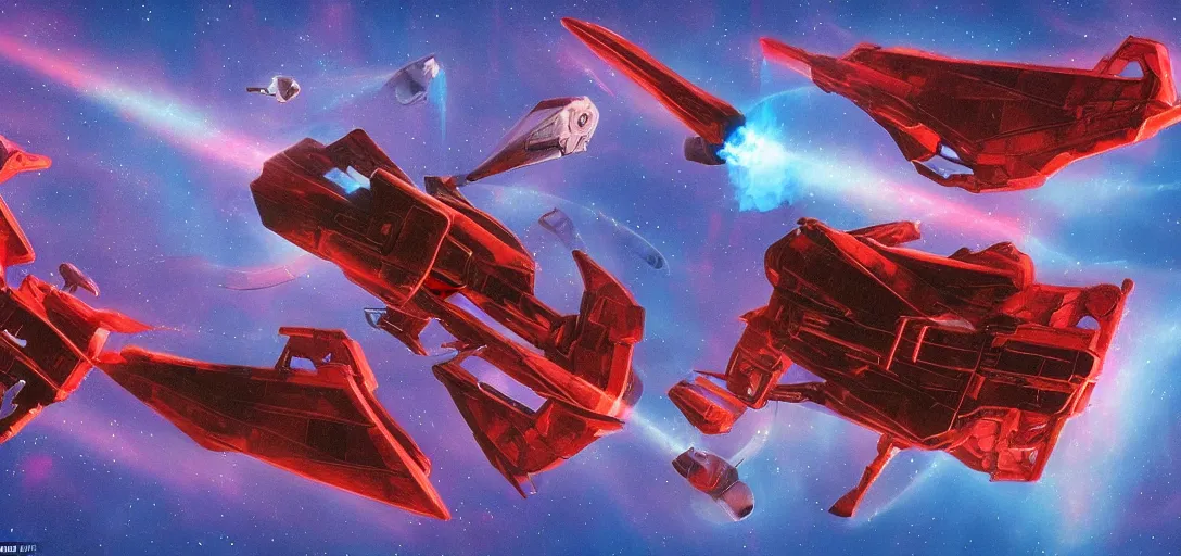 Image similar to a starship and spaceship battle frozen in time, red lasers blasting, amidst a blue nebulae, cinematic framing, in the style of roger dean