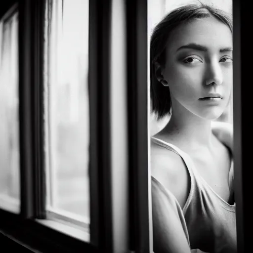 Prompt: black and white fashion photography portrait of a beautiful depressed Woman with detailed face standing by the window, natural light, film grain, soft vignette, sigma 85mm f/1.4 1/10 sec shutter