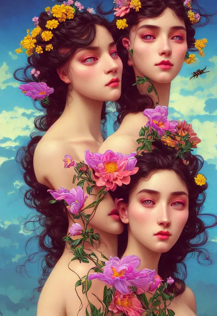 Image similar to young beautiful women, siamese twins, gorgeous face, vaporwave aesthetic, synthwave, colorful, psychedelic, artstation, flowers, bees, full - body, gown, smooth, extremely sharp detail, finely tuned detail, 8 k, unreal engine 5, ultra sharp focus, illustration, art by artgerm and greg rutkowski and alphonse mucha