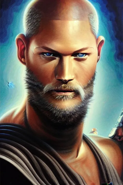 Prompt: bald Travis Fimmel with a long shaggy beard as a Jedi Knight, looking at the viewer, detailed face, high contrast, highly detailed, digital painting, sharp focus, trending on artstation, concept art, illustration, Star Wars art, masterpiece, art by greg hildebrandt and clayton crain