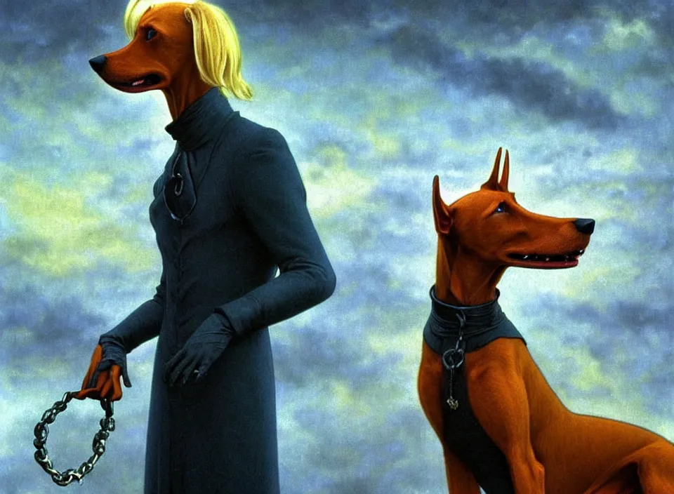 Prompt: realistic detailed portrait movie shot of an elegant blond male vampire a barking doberman on a leash, sci fi landscape background by denis villeneuve, amano, yves tanguy, alphonse mucha, max ernst, roger dean, masterpiece, rich cold moody colours, dog teeth, blue eyes