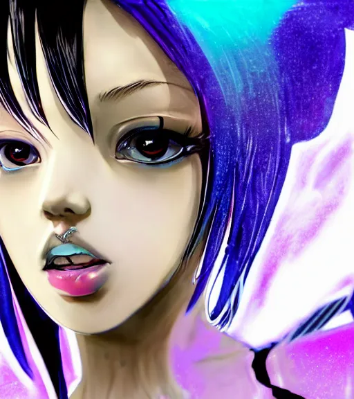 Prompt: very beautiful closeup portrait of a black bobcut hair style futuristic hatsune miku in a blend of manga - style art and photorealism, augmented with vibrant composition and color, all filtered through a cybernetic lens, by hiroyuki mitsume - takahashi and noriyoshi ohrai and annie leibovitz, dynamic lighting, flashy modern background with black stripes