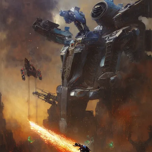 Image similar to six meters tall mech fighting in an urban environment, epic action scene, by gaston bussiere craig mullins jc leyendecker gustav klimt artgerm greg rutkowski john berkey, bergey, craig mullins, ruan jia, raymond swanland, jeremy mann, tom lovell, alex malveda, ray casting, hdr