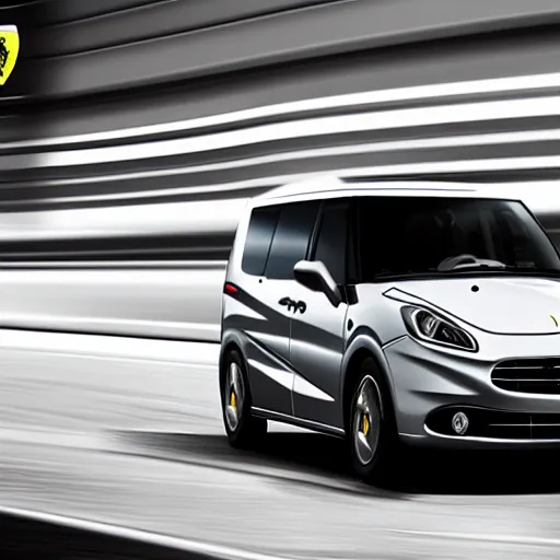 Image similar to a minivan made by ferrari, centered in frame, advertisement, motion blur, ad