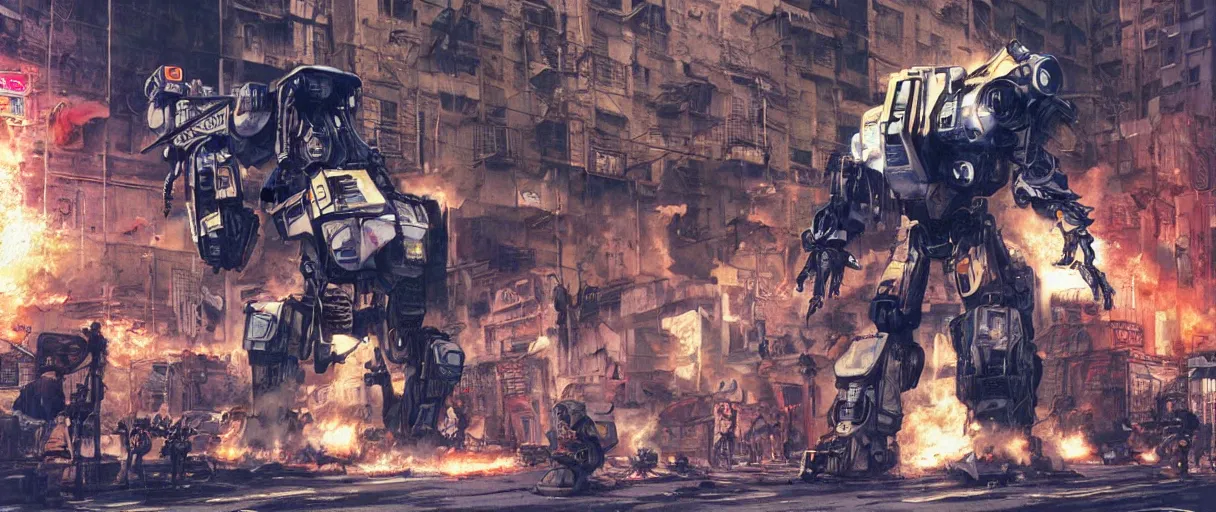 Image similar to chappie battles ed - 2 0 9 in a ghetto in nyc, circa 9 0 0 0, designed by syd mead moebius sorayama jack kirby, hdr, photorealistic, graffiti background, octane render, 8 k