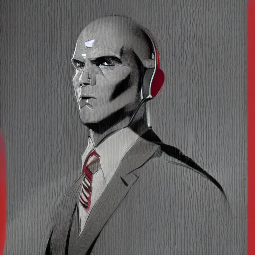 Image similar to a portrait of agent 4 7 from hitman wearing headphones, dark background, red rim light, digital art, artstation, art by yoji shinkawa