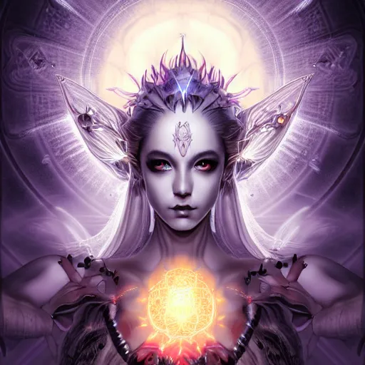 Image similar to a symmetrical portrait of a mystical feminine creature with glowing energies and particals, metal scales, surrounded by spirits, gloomy cinematic lighting, highly detailed, illustrated novel, by artgerm and miura