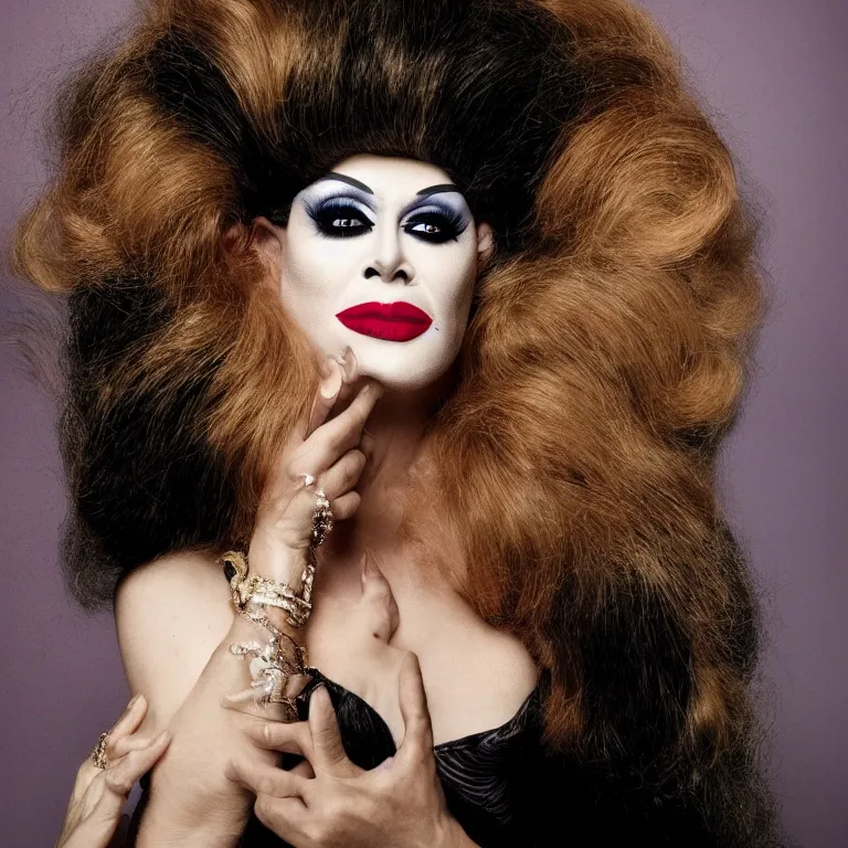 Image similar to Portrait of a glamorous gay drag queen smirking in heavy makeup and a big wig by Annie Leibovitz