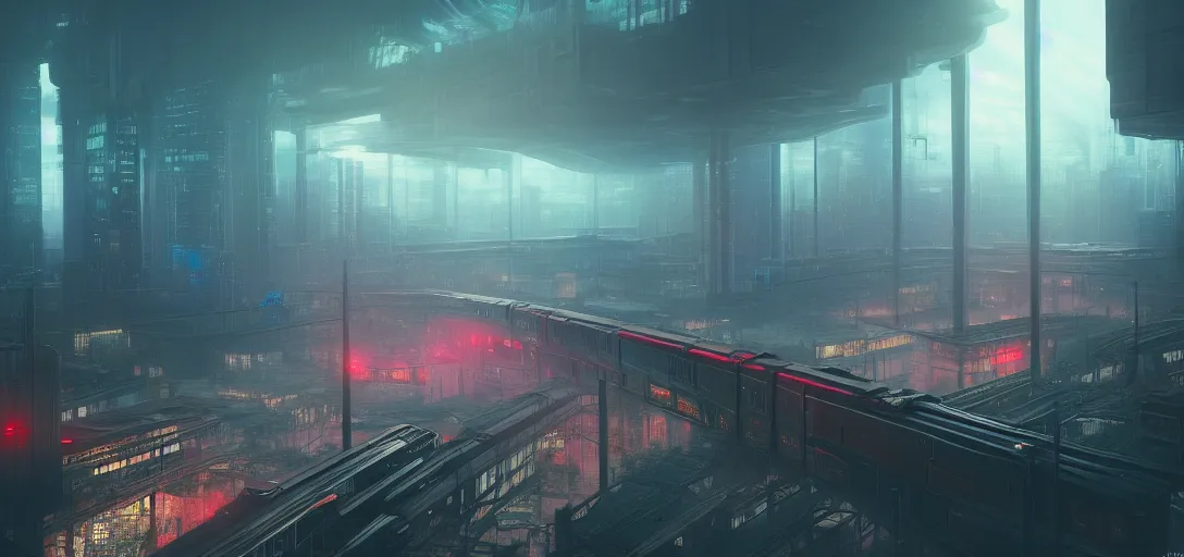 Image similar to dramatic view of cyberpunk train station, colored fog, haze, unreal engine, dramatic lighting, detailed, ambient occlusion, global illumination, god rays, 3 d artstation render by greg rutowski and jessica rossier