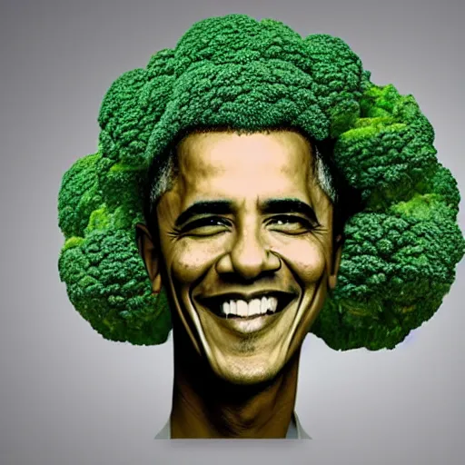 Image similar to barack obama with hair made out of broccoli. still image. high detail