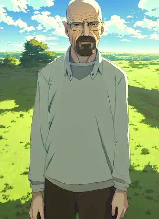Prompt: walter white, anime style, countryside, calm, fantasy character portrait, dark outlines, dynamic pose, above view, sunny day, artwork by Makoto Shinkai, very coherent asymmetrical artwork, sharp edges, perfect face, simple form, 100mm