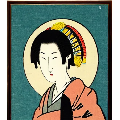 Prompt: beautiful japanese vintage panting of a lady in headdress, zen concept