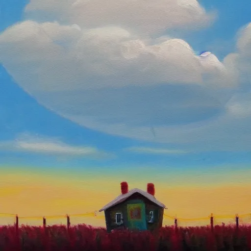 Image similar to a painting of a little house in the clouds