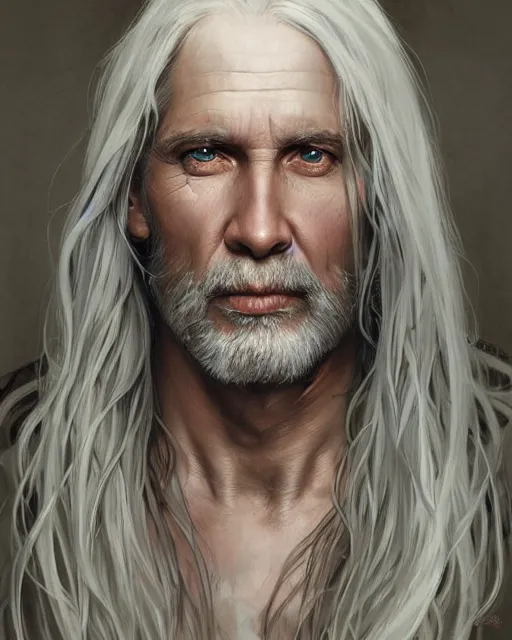 Prompt: portrait of 4 0 - year - old man with long white hair with a pale complexion, clear face, pointed face and grey eyes, hyper realistic face, beautiful eyes, fantasy art, in the style of greg rutkowski, intricate, alphonse mucha, hyper detailed, smooth