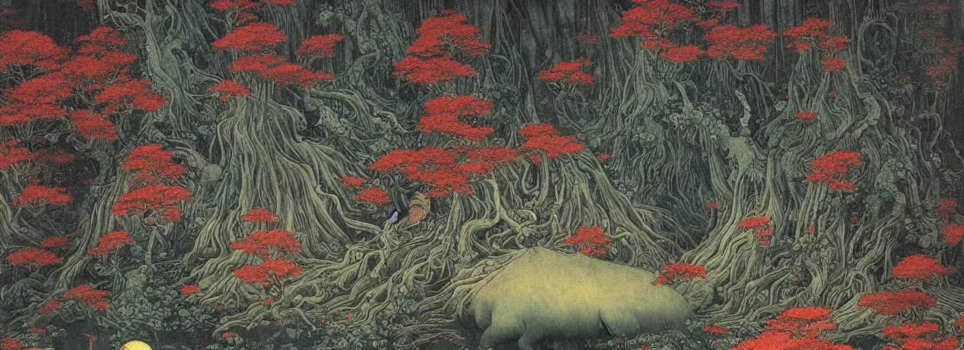 Prompt: huge bonsais in an otherworldly forest, katsushika hokusai, beksinski, high details, colorful, midnight, eerie