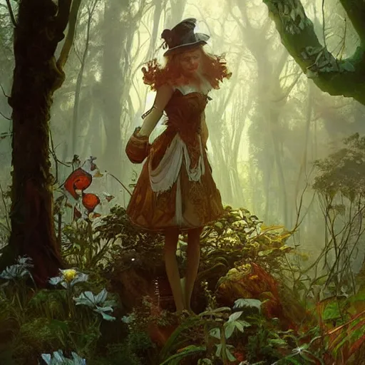 Image similar to alice in wonderland, surreal forest background, dramatic lighting, high detail, painted, by greg rutkowski, painted by stanley artgerm, painted by alphonse mucha, trending on artstation