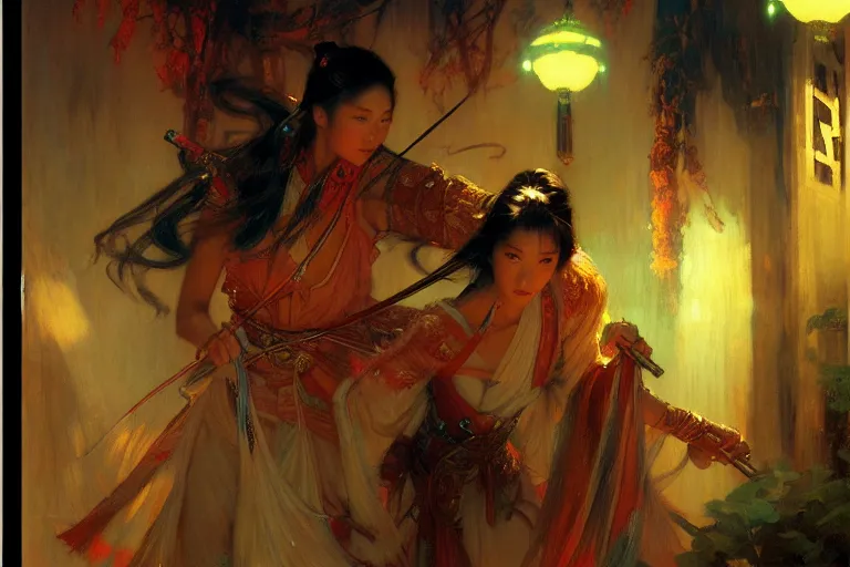 Image similar to wuxia, neon light, painting by gaston bussiere, craig mullins, j. c. leyendecker