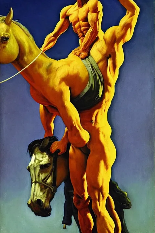 Image similar to astronaut bodybuilder carries a horse in his hands, hauntingly surreal, highly detailed painting by francis bacon, edward hopper, adrian ghenie, gerhard richter, and james jean soft light 4 k,