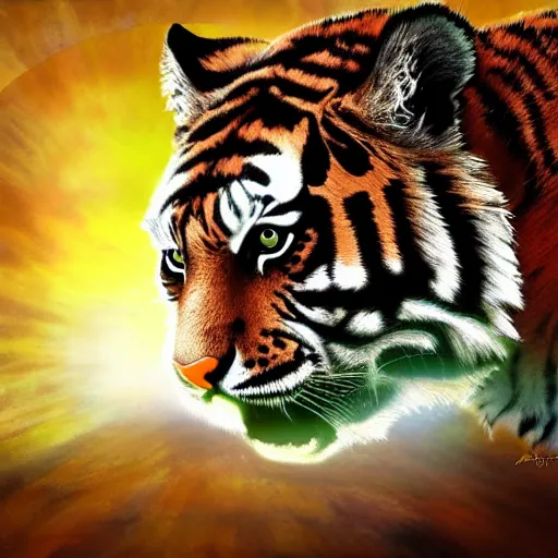 Image similar to Tiger walks through a dimensional portal,side view, Fantasy Art