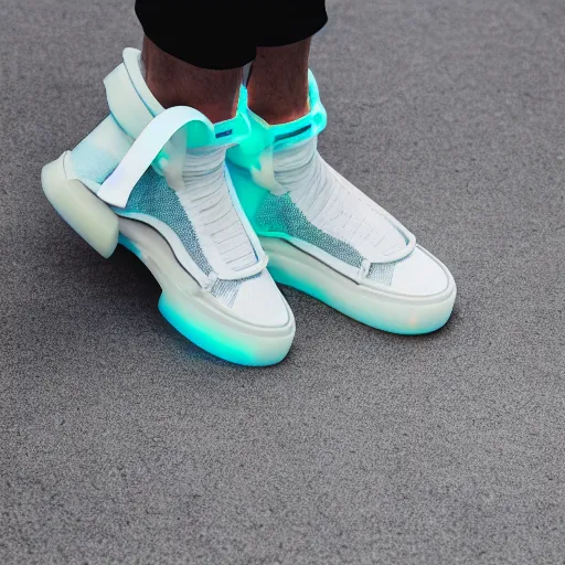 Image similar to a studio photoshoot of Nike Air Mag x Off-white sneakers designed by Virgil Abloh, leather and transparent knitted mesh material, glowing light outsole, realistic, color film photography by Tlyer Mitchell, 35 mm, Graflex