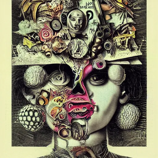 Image similar to post - punk new age album cover, asymmetrical design, mess, frame of a dollar bank notes, capitalism, magic, apocalypse, psychedelic, black white pink, magic, giger h. r., giuseppe arcimboldo