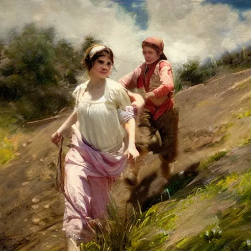 Image similar to close up of jack and jill going up the hill to fetch a pale of water, cinematographic shot, by daniel f. gerhartz