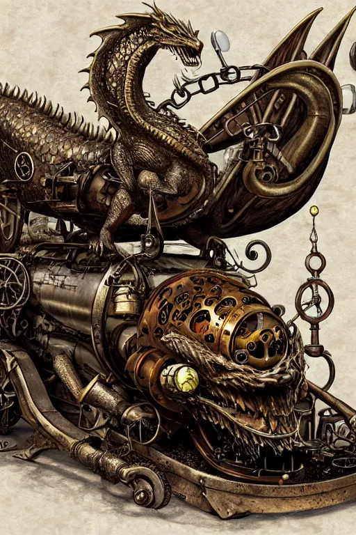 Image similar to hyper realistic old dying dragon lying down with steam punk apparatus on its back, white background, full frame, art byjon foster