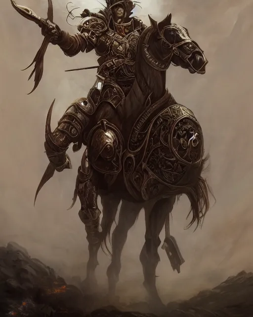 Image similar to Horse warrior, centered, portrait, symmetrical, Path of Exile, Diablo, Warhammer, digital painting, highly detailed, concept art, Nekro, Peter Mohrbacher, Alphonse Mucha, Brian Froud, Yoshitaka Amano, Kim Keever, Victo Ngai, James Jean