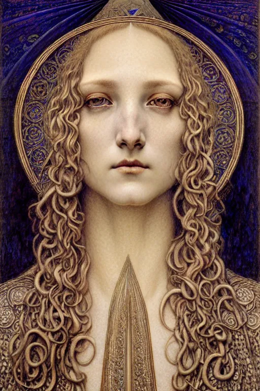 Image similar to detailed realistic beautiful young medieval queen face portrait by jean delville, gustave dore and marco mazzoni, art nouveau, symbolist, visionary, gothic, pre - raphaelite. horizontal symmetry