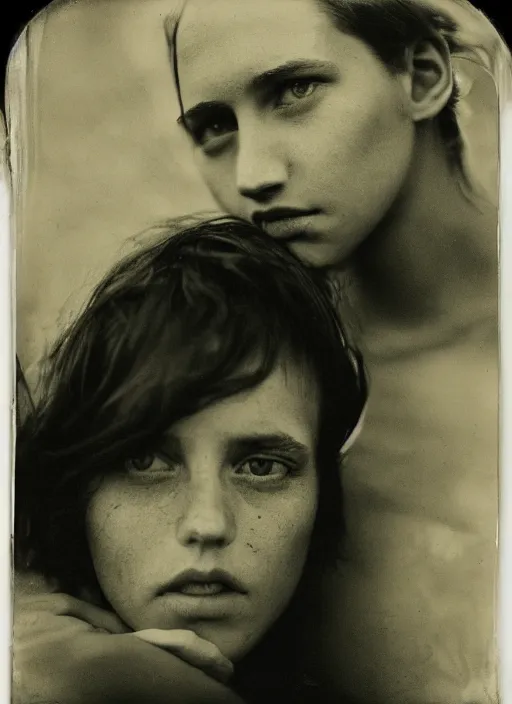 Prompt: dreamy close up portrait, photo realistic, elegant, award winning photograph, parallax, cinematic lighting, ambrotype wet plate collodion by martin shuller, richard avedon dorothe lange and and shane balkowitsch