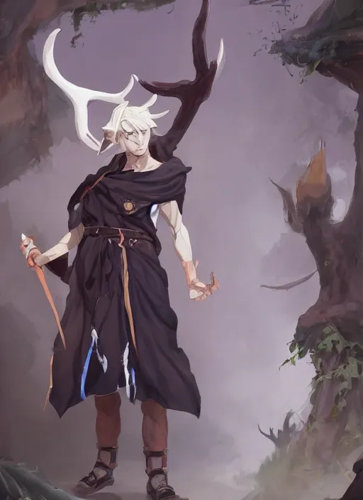 Image similar to concept art painting of a fully clothed person with brown skin and short white hair, demon horns, deer ears, blue tunic and robes, detailed, d & d style, cel shaded, in the style of ruan jia and artgerm and makoto shinkai and james gurney