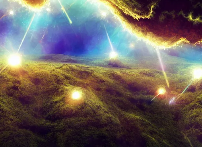 Prompt: a photo of giant interdimensional fractal creatures falling from the sky in the distance, on a bright day, a vast landscape with lush hills, dust particles, natural lighting, natural color palette, awe inspiring, wide angle, cinematographic, subtle lens flare