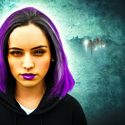 Image similar to poster artwork, sci fi, a female, full body, black hoodie techie, black hair with purple streaks, 8 k