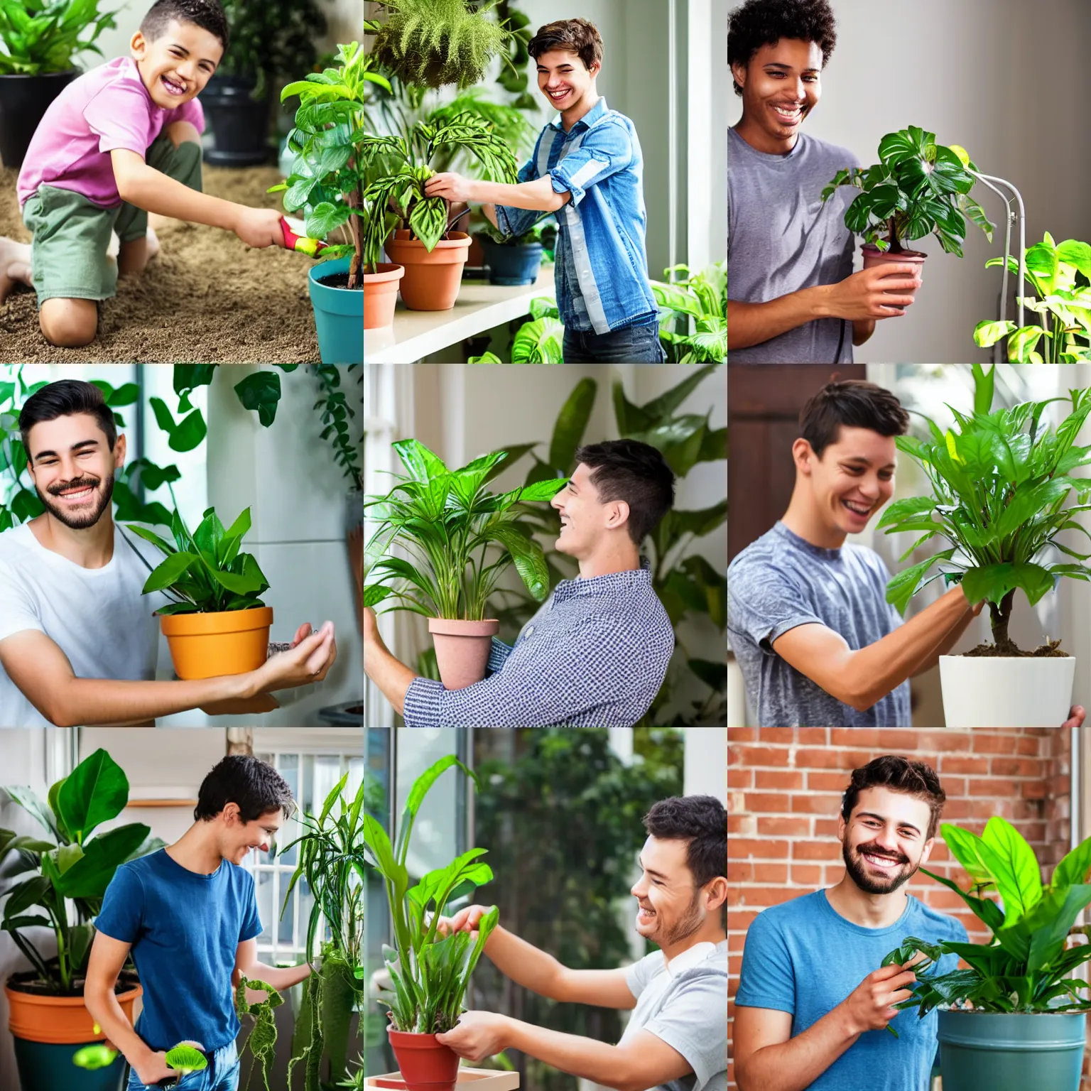 Prompt: a young man watering his house plant, he has a big smile on his face