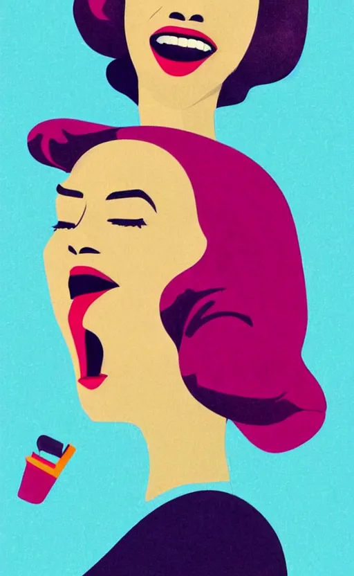 Prompt: illustration with a modern woman with short hair laughing out loud, art deco painting by tom whalen, funny meme photo, trending on behance, digital illustration, storybook illustration, grainy texture, flat shading, vector art, airbrush, pastel, watercolor, poster